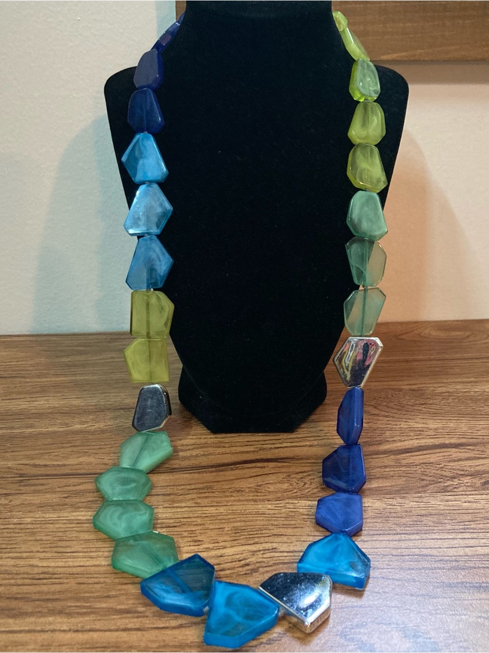 Large Green & Blue Plastic “Stones” Statement Necklace 32”